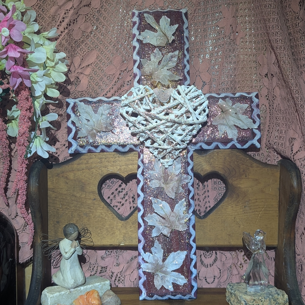 Rustic Pink Glitter Cross Wall Decor with White Wicker Heart - Unbranded